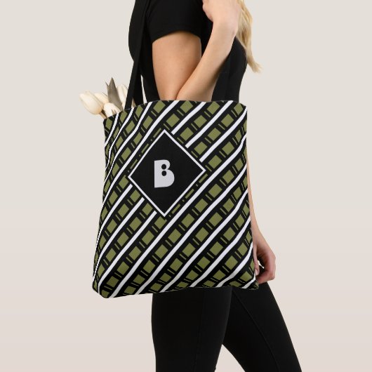 Tote Bag Joli Monogramme moderne Motif initial noir vert (De près)