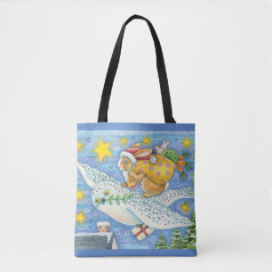 Tote Bag Joli Noël avec un lapin en Père Noël sur un hibou