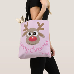 Tote Bag Joli Noël Cartoon Reindeer Girl Rose amusant