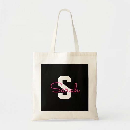 Tote Bag Joli nom & monogramme | Noir Blanc & Rose (Devant)