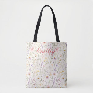 Tote Bag Joli nom personnalisé floral aquarelle pastel colo