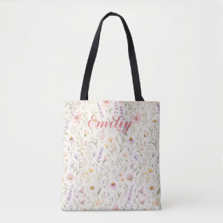 Tote Bag Joli nom personnalisé floral aquarelle pastel colo