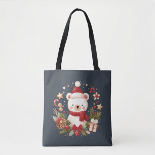 Tote Bag Joli ours de Noël/d'hiver en couronne