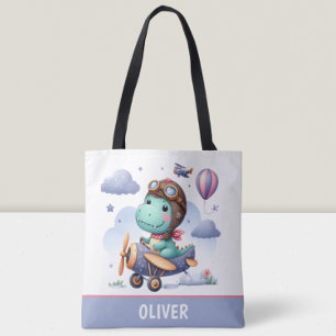 Tote Bag Joli petit dinosaure volant dans un avion violet
