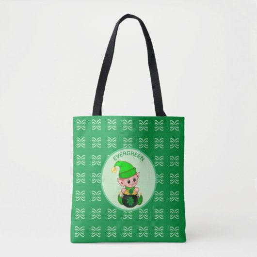 Tote Bag Joli petit elfe avec trèfle & pièces d'or sur vert (Devant)
