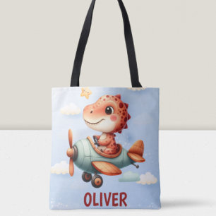 Tote Bag Joli Petit Pilote Dinosaure Avion en Vol