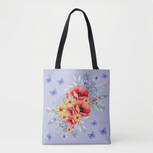 Tote Bag Joli Poppies rouges, tournesols et papillons (Devant)
