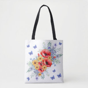 Tote Bag Joli Poppies rouges, tournesols et papillons