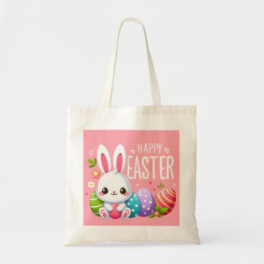 Tote Bag Joli, rose et heureux lapin de Pâques (Devant)