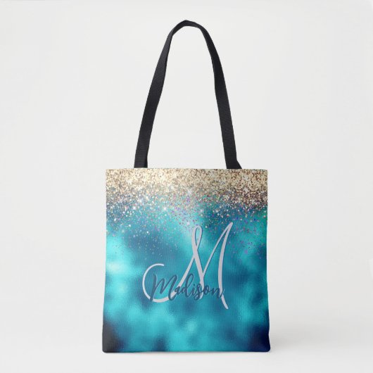 Tote Bag Joli turquoise or faux parties scintillant monogra (Devant)