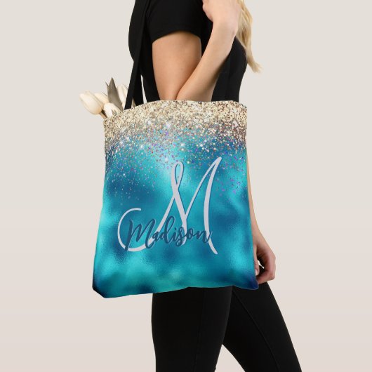 Tote Bag Joli turquoise or faux parties scintillant monogra (De près)