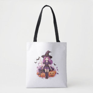 Tote Bag Joli violet sorcière haïe Citrouilles et chauves-s
