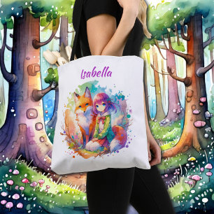 Tote Bag Jolie aquarelle Anime Girl et Fox