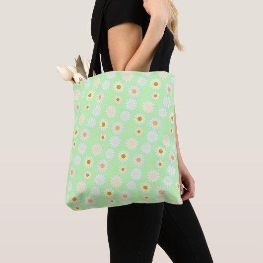 Tote Bag Jolie aquarelle colorée Motif marguerite vert (De près)