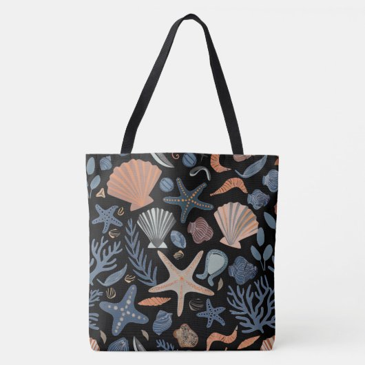 Tote Bag Jolie aquarelle coquillage corail noir (Devant)