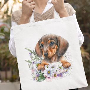 Tote Bag Jolie aquarelle Dachshund Puppy Floral