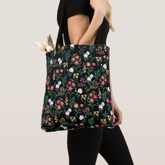 Tote Bag Jolie aquarelle Floral Noir Botanique (De près)