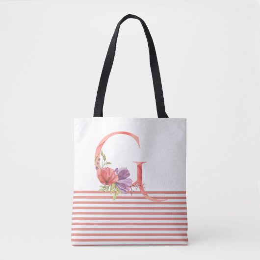 Tote Bag Jolie aquarelle Florale Lettre "G" Bande rose (Devant)