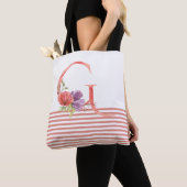 Tote Bag Jolie aquarelle Florale Lettre "G" Bande rose (De près)