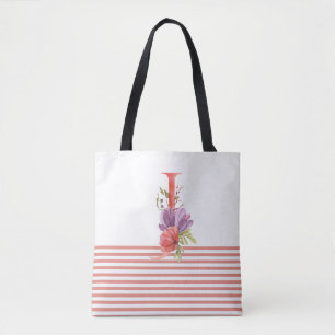 Tote Bag Jolie aquarelle Florale Lettre "J" Bande rose
