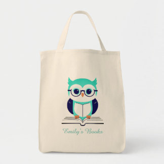Tote Bag Jolie chouette verte avec livre livre bibliothèque