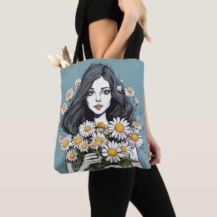 Tote Bag Jolie Dame Avec Bouquet Daisy