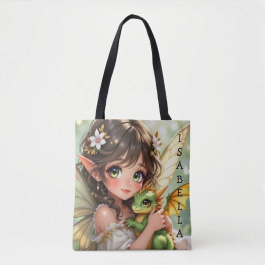 Tote Bag Jolie fée d'anime et dragon Chibi (Devant)