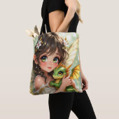 Tote Bag Jolie fée d'anime et dragon Chibi (De près)