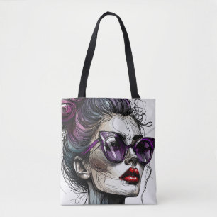 Tote Bag Jolie femme avec lunettes de soleil et rouge à lèv