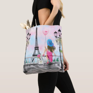 Tote Bag Jolie femme et ballon de coeur rose - I Love Paris