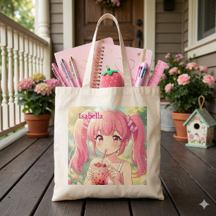 Tote Bag Jolie Fille d'Anime en Rose Buvant du Thé à Bulles