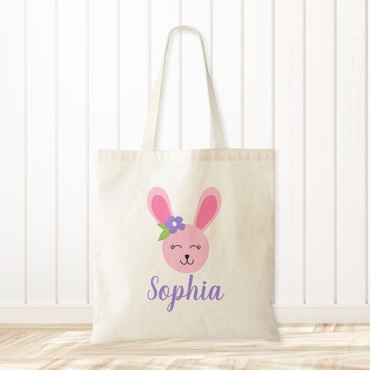 Tote Bag Jolie fille lapin de Pâques rose personnalisée