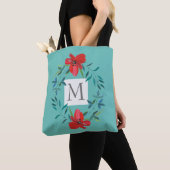 Tote Bag jolie fleur peinte sur bleu ajouter monogramme (De près)