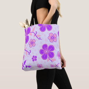 Tote Bag Jolie impression florale violet et rose sur Lavend