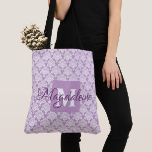 Tote Bag Jolie Lavande Damask Feminine Monogramme & Nom
