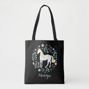 Tote Bag Jolie licorne & Fleurs Noir Personnalisé