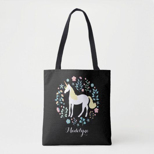 Tote Bag Jolie licorne & Fleurs Noir Personnalisé (Devant)