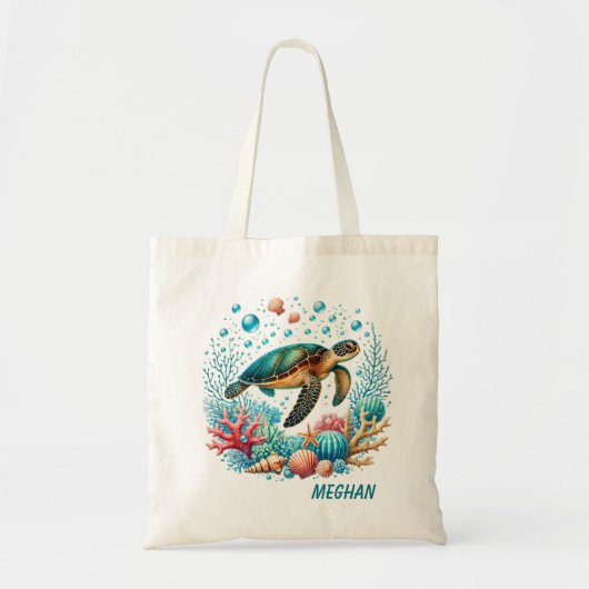 Tote Bag Jolie plage mer tortue ajouter nom (Devant)