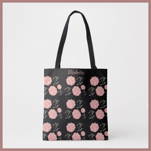Tote Bag Jolie Roses roses roses avec feuillage sur noir