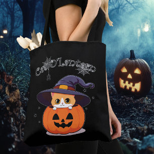 Tote Bag Jolie sorcière féline rousse avec citrouille de Ha