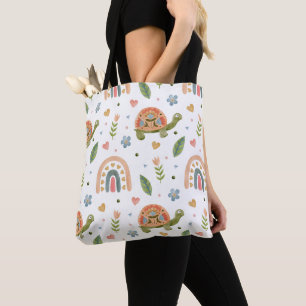 Tote Bag Jolie tortue aquarelle et Motif arc-en-ciel