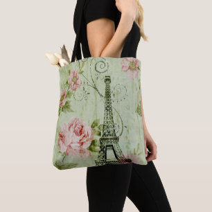 Tote Bag jolie tour de paris fleurie rose à la menthe de p