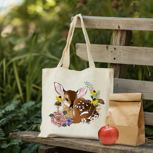 Tote Bag Jolies Fleurs Sauvages Faon Bleu Bébé Cerf Forêt