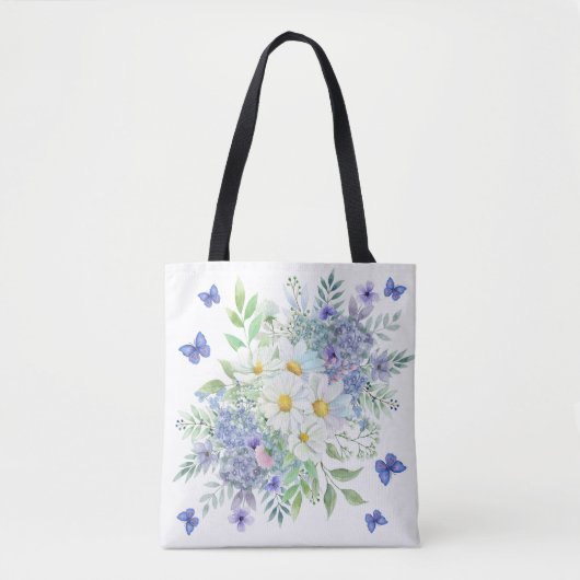 Tote Bag Jolies marguerites, fleurs bleues et papillons (Devant)