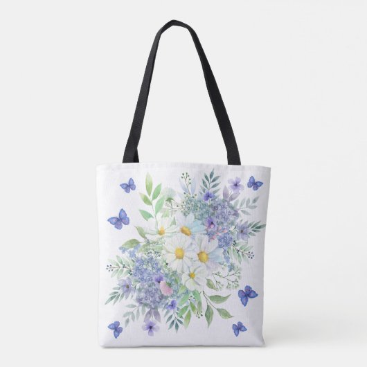 Tote Bag Jolies marguerites, fleurs bleues et papillons (Dos)