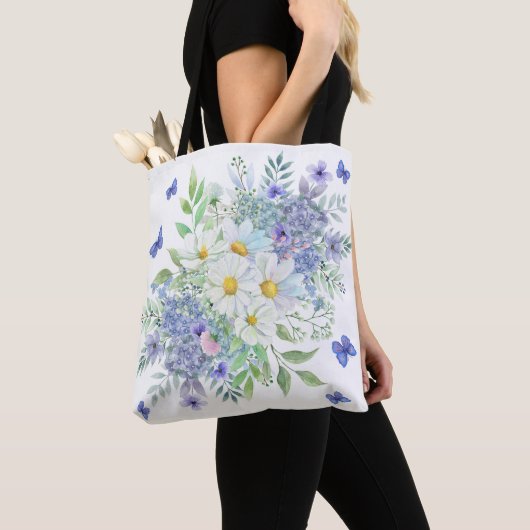 Tote Bag Jolies marguerites, fleurs bleues et papillons (De près)