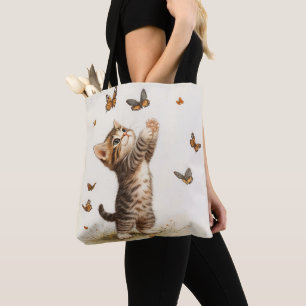 TOTE BAG JOLIMENT PASTEL BROWN TABBY CUISINE AVEC BUTTERFLI
