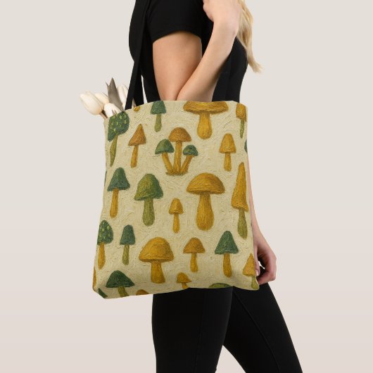 Tote Bag Jolis champignons beiges, dorés et verts (De près)