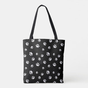 Tote Bag Jolis empreintes de pattes blanches sur fond noir
