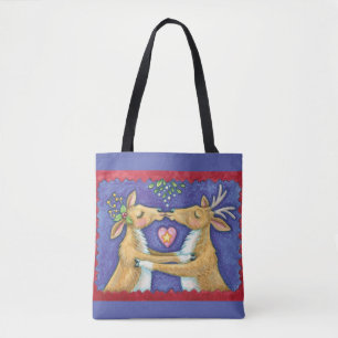 Tote Bag Jolis rennes de Noël, baiser romantique avec gui